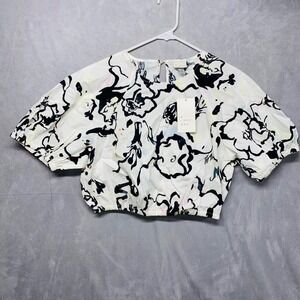 A New‎ Day White Black Abstract Floral Print Puff Sleeve Cropped Top XS